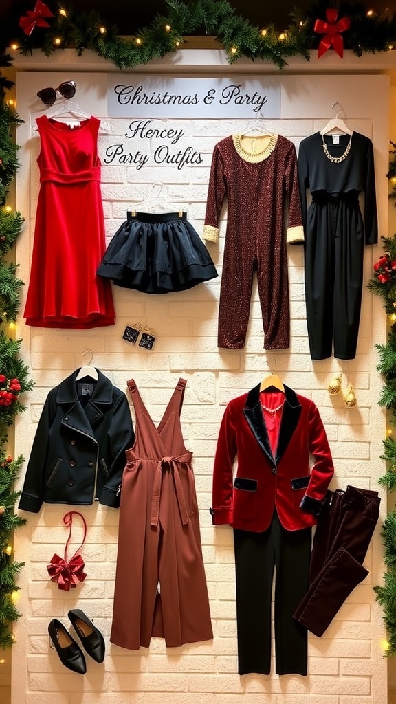 A collection of stylish Christmas party outfits including a red dress, sweater and skirt, jumpsuit, and velvet blazer.